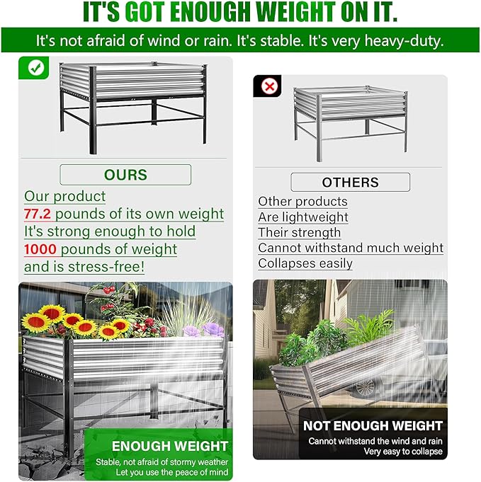 Doniks Raised Garden Bed with Legs 48×48×32in Large Outdoor Metal Galvanized Garden Planting Box1000lb Capacity for Vegetables Lawn Green Flowers Fruits Terrace