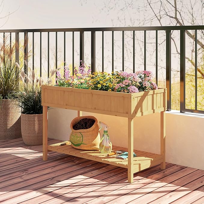 Outsunny 43x18x30in Raised Garden Bed with 8 Pockets and Shelf Wooden Elevated Planter Box with Legs to Grow Herbs Vegetables and Flowers Natural