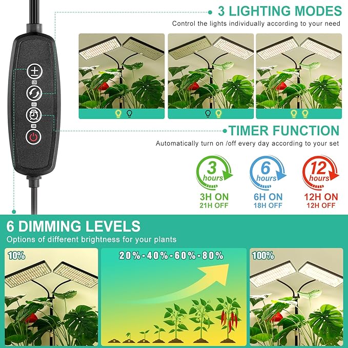 LBW Upgraded Desk Grow Lights for Indoor Plants Dual-Head 428 LED Tabletop Full Spectrum Grow Light with 3/6/12H Timer 6 Brightness Levels 3 Lighting Modes Height Adjustable for 10-26 inches