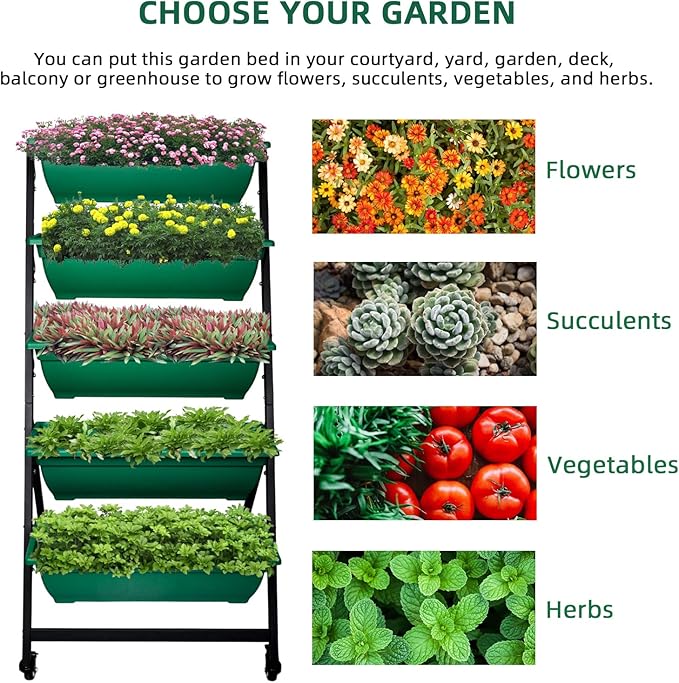 4FT Vertical Raised Garden Bed 5 Tier Planter Box with Wheels to Grow Flowers Vegetables Herbs on Your Patio Balcony Greenhouse for Outdoor and Indoor Gardening