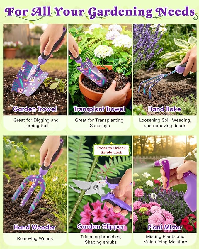 Gardening Gifts for Women 12PCS Heavy Duty Garden Tools Set with Large Purple Garden Bag and Gloves Pruning Shears Unique Birthday Easter Gardening Gifts for Mom Girlfriend Planting Lovers