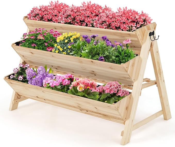 Giantex Raised Garden Bed Vertical Planter with Storage Shelf 3 Tier Elevated Planter Box with Side Hooks Indoor Outdoor Wood Garden Bed for Balcony Garden Lawn (Natural)