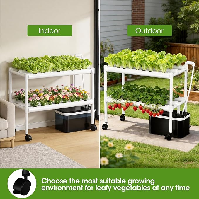 Hydroponics Growing System Kit with Wheels 54 Plant Sites Gardening Aquaponics Tower 2-Tier Food-Grade PVC-U Pipes Water Pump Timer for Leafy Vegetables Indoor Outdoor (33x35x14 in 54 Holes)