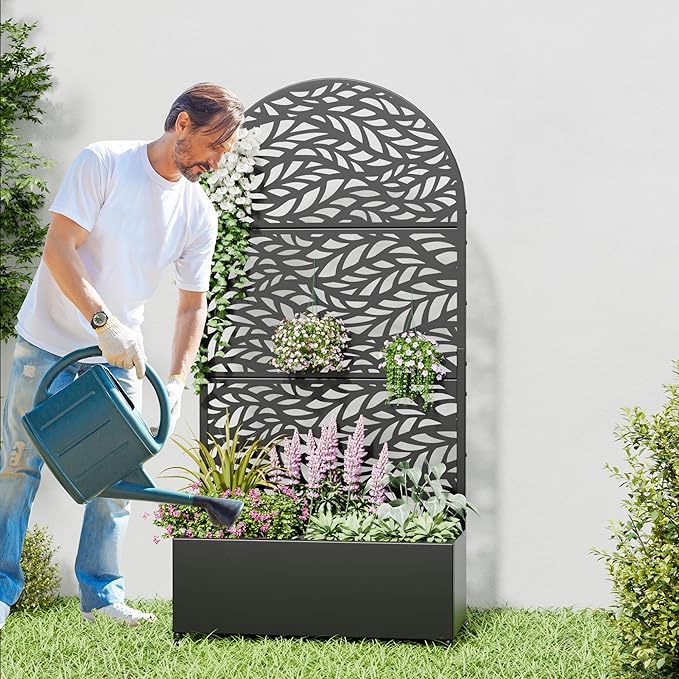 Casaphoria 72x35 Metal Raised Garden Bed with Trellis(2 Pack) Outdoor Planter Box with Wheels &amp Drainage Holes for Climbing Plants Flowers Elevated Garden Kit with Privacy Screen Black-Sprin