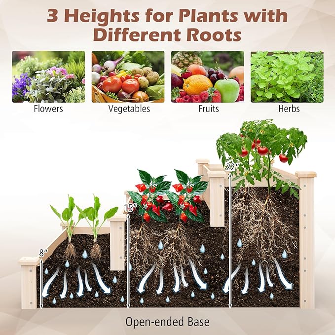 Giantex 3-Tier Raised Garden Bed Tiered Planter Box w/Open-Ended Base Fir Wood Elevated Raised Beds for Gardening Vegetable Flower Herb Fruit Perfect for Patio Lawn Backyard