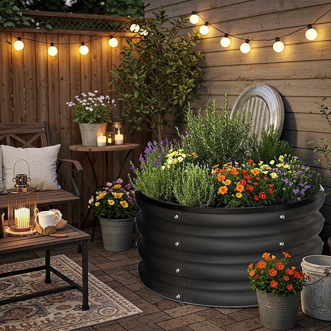 ZXZYHFTY Round Galvanized Raised Garden Bed kitBlack Outdoor Garden Raised Planter Box Round Large Metal Raised Garden Beds for Vegetable 2 * 2 * 1ft 1 Pack