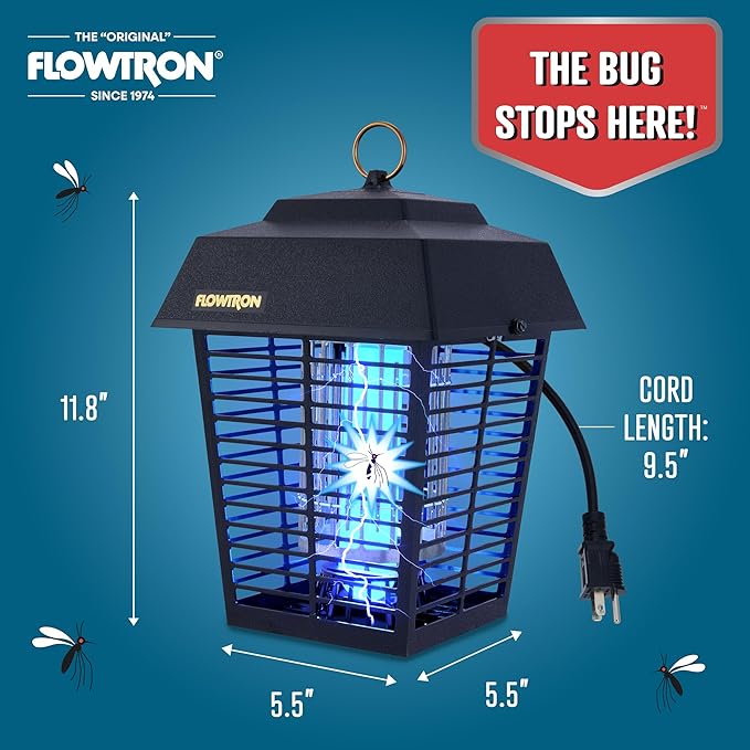 Flowtron Electric Bug Zapper 1/2 Acre Outdoor Insect Control with Dual Lure Method 15W UV Light &amp Octenol Attractant for Fly &amp Mosquito 5600V Kill Grid Made in USA UL Certified