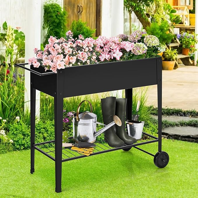 TANGZON Mobile Raised Garden Bed Metal Elevated Flower Vegetable Herb Planter Box with 2 Wheels Bottom Shelf &amp Ergonomic Handle Outdoor Grow Bed for Backyard Patio