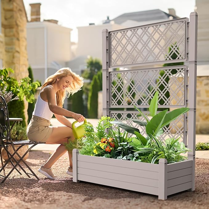 Elevated Raised Garden BedOutdoor Large Resin Patio Planter Box Stand Divisible with Drain PlugWater Monitor for Plants Vegetables Flowers Fruits(Grey)