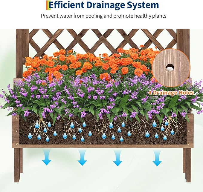 GarveeLife Wood Planter Box with Trellis 41.93x22.44x52.95 Tall Raised Garden Bed with Drainage Holes Vertical Flower Stand for Patio Horticulture Brown