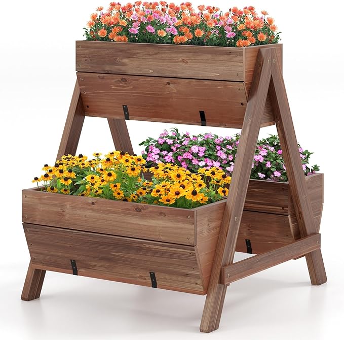 Moccha Vertical Raised Garden Bed 3 Fir Wood Planter Boxes for Flowers Vegetables Herbs Freestanding Flower Bed with Drainage Holes Elevated Garden Planter for Indoor Outdoor (26 x 29 x 29)