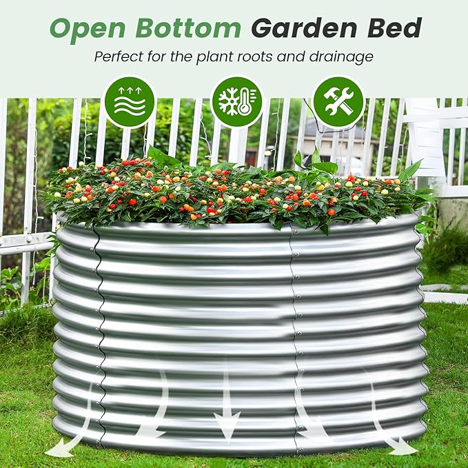 Land Guard 3×3×3ft Galvanized Raised Garden Bed Kit Round Galvanized Planter Raised Garden Boxes Outdoor Large Metal Raised Garden Beds for Vegetables Silver