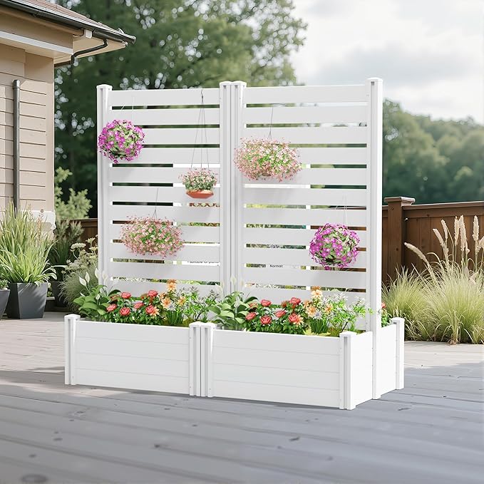 Casaphoria Raised Garden Bed with Trellis 71x35x24 Planter Box with Open Bottom for Gardening Vegetables &amp Vines and Climbing Plants White