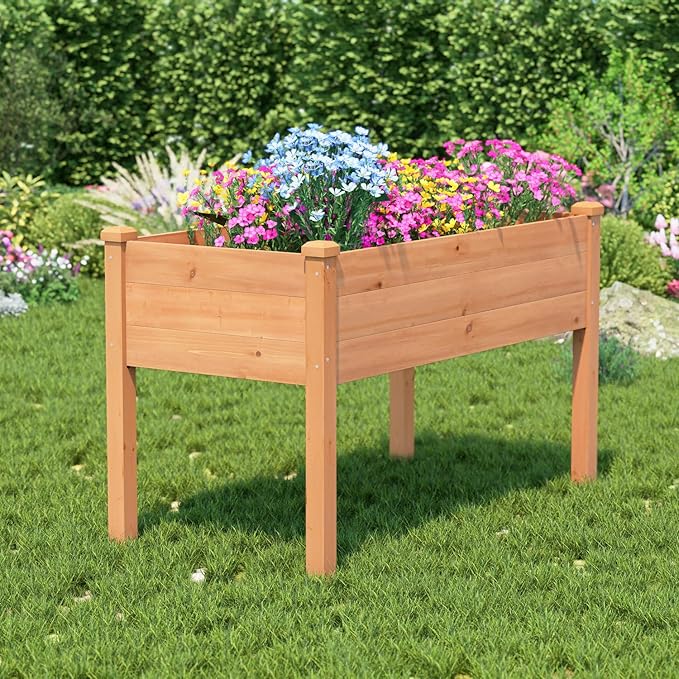 BIRASIL Outdoor Raised Garden Bed Wood Planter Box for Vegetable Flower Elevated Reinforced Large Garden Planters Boxes for Backyard Patio Gardening Balcony (48”L Brown)