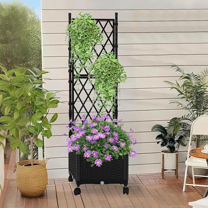 Planter with Trellis Raised Garden Beds Trellis Planter Box Outdoor Self-Watering for Gardening Climbing Vegetables Flowers Balcony Backyard Patio Black1PC