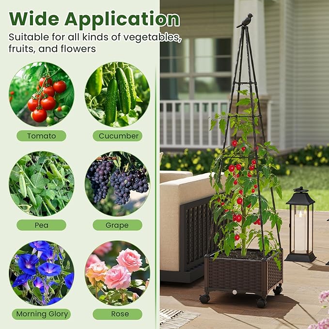 Giantex Raised Garden Bed with Wheels &amp Tomato Cage Self Watering Planter Box with Obelisk Trellis Adjustable Height Indoor Outdoor Planter for Climbing Plant Flower Vegetable Fruit (1)