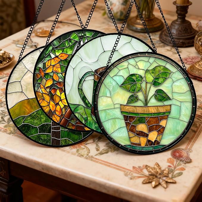 Stained Glass Window Hanging 4 Pcs Set Gardening Tools Large 15 - Suncatcher Door Garden Sun Catcher Decor Birthday Mother's Day for Gardener Men Woman Nana Mam Friend