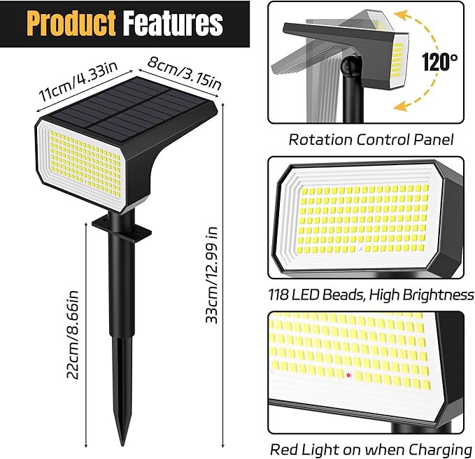 Solar Spot Lights Outdoor [6 pack/118 LED] 4 Modes Auto On/Off Solar Landscape Spotlights Ip67 Waterproof Solor Powered Pathway Lights for Outside Yard Garden Walkway Tree Patio (Cool White)