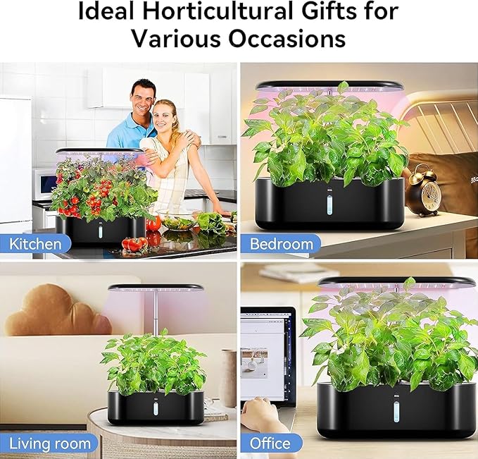 Black Hydroponics Growing System Kit: 10 Pods Indoor Garden with 24W LED Grow Light 3.6L Water Tank Adjustable Height and Smart Controls