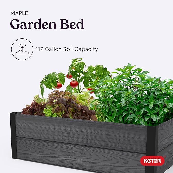 Keter 48 X 48 inches Wood Look Raised Garden Bed Durable Outdoor Herb Garden Planter for Vegetables Flowers and Succulents Grey