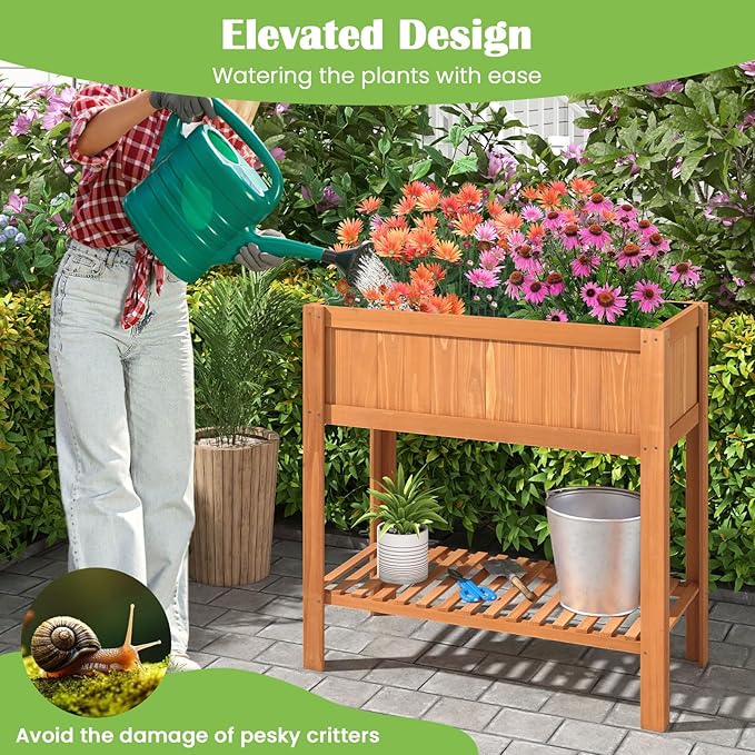 COSTWAY Raised Garden Bed Wood Planter Box with Storage Shelf and for Vegetables Flowers &amp Herbs 2-Tier Elevated Garden Planter Bed for Backyard Patio Balcony Greenhouse 39 x 20 x 39