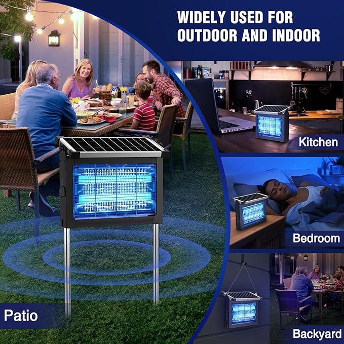 Solar Bug Zapper Outdoor 4500V Mosquito Zapper Waterproof with Panel Sensor Electric Fly Zapper Rechargeable Mosquito Killer with 10FT Extension Cord Fly Trap Ideal for Patio Backyard Camping