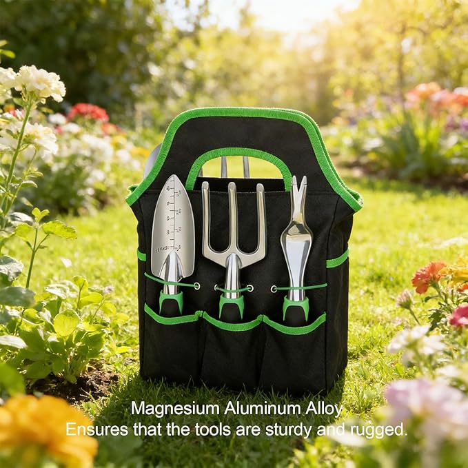 Fockety Gardening Tools Set 8 Piece Heavy Duty Magnesium Aluminum Alloy Garden Tools Set with Ergonomic Handles and Tote Bag for Men and Women