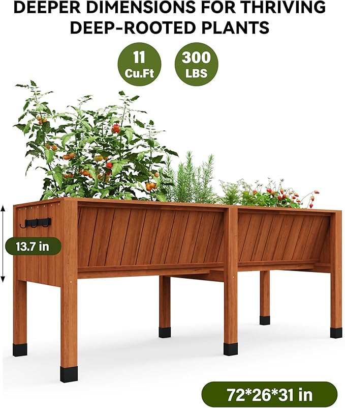 Raised Garden Bed 6 x 2 x 2.5FT Raised Garden Beds Outdoor with 6 Legs Detachable Liner Wooden Raised Planter Box for Backyard Patio Balcony
