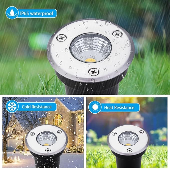 6PCS Ground LED Landscape Lights - 3W Outdoor Recessed Spot Light IP67 Waterproof Garden Buried Lights DC 12V-24V Round Stainless Steel LED Ground Floodlight(Cool White3W(DC12V))