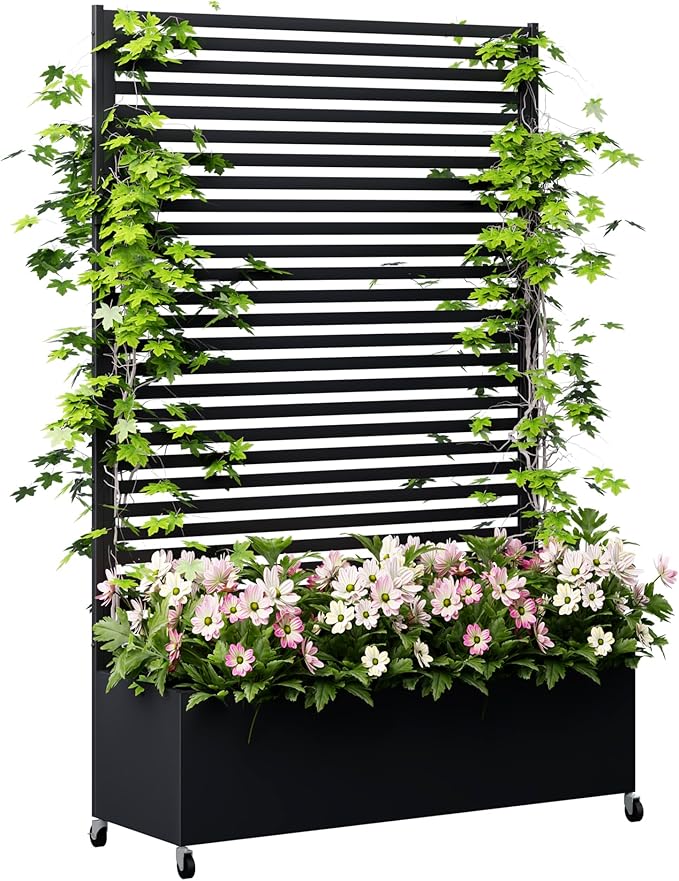 Metal Planter Box with Trellis Privacy Screen Raised Garden Bed with Trellis &amp Wheels Privacy Planters for Patio Planter Box with Drainage Holes for Climbing Plants 73x 47x 16 Black