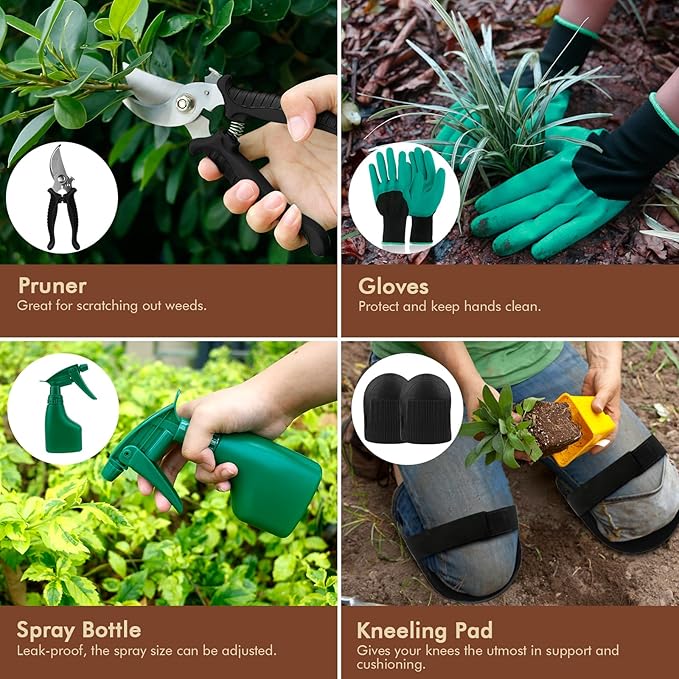 YAUNGEL Garden Tools - 10Pcs Garden Tool Set Heavy Duty Stainless Steel Gardening Supplies Hand Tools with Wooden Handle Storage Tote Bag Ideal Gardening Gifts for Women and Men Black