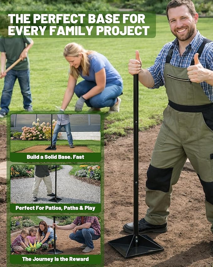 Steel Tamper Tool 8''x8'' Heavy Duty Hand Tamper for Soil Compaction 48 Adjustable Handle with Non-Slip Grip Ground Dirt Tamper for Landscaping Patio Asphalt Repair with Gloves