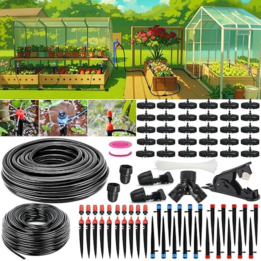 Drip Irrigation Kits 213 FT Mist Cooling Automatic Irrigation System for Outdoor Plants with Distribution Tubing Hose Garden Watering Sprinklers System for Yard Lawn Patio Greenhouse