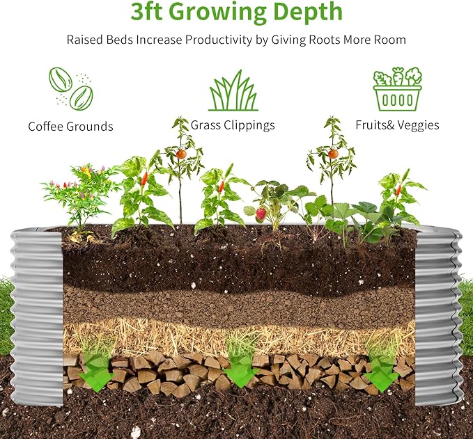 Land Guard 8x4x3ft Oval Galvanized Raised Garden Beds Large-Capacity Metal Planter Box Outdoor Durable Deep Raised Garden Bed 3ft Tall Raised Beds for Gardening Vegetables Classic Silver