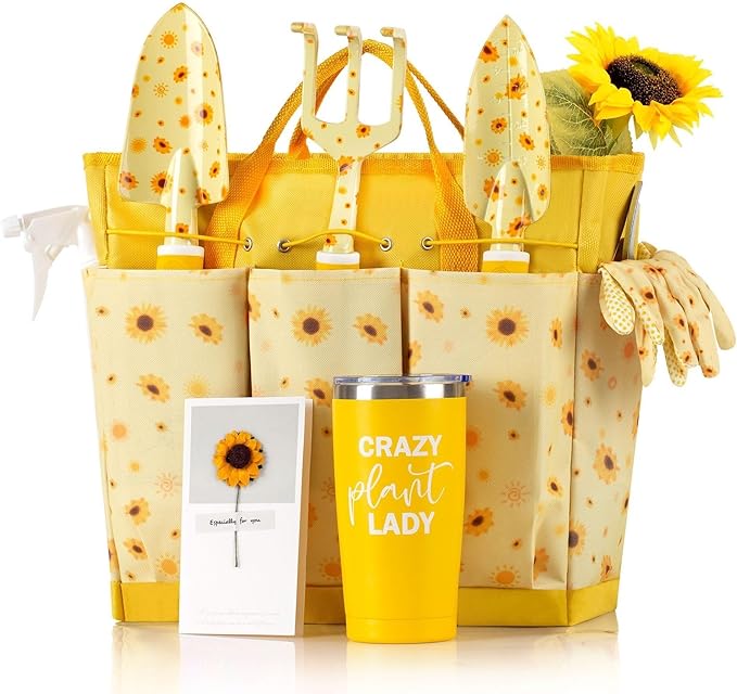 Garden Tool Set 9 Pieces Heavy Duty Aluminum with Water Cup Storage Bag Gloves Hand rake Ideal Gift for Your Family(Yellow)