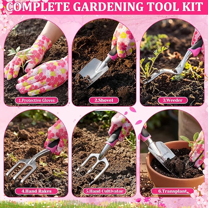 9 Pcs Garden Tools Set Gardening Gifts for Women Include 6 Heavy Duty Garden Hand Tools 1. 6L Christian Galvanized Metal Watering Can Apron Gloves Ideal Gifts for Women Mom Grandma(Pink)