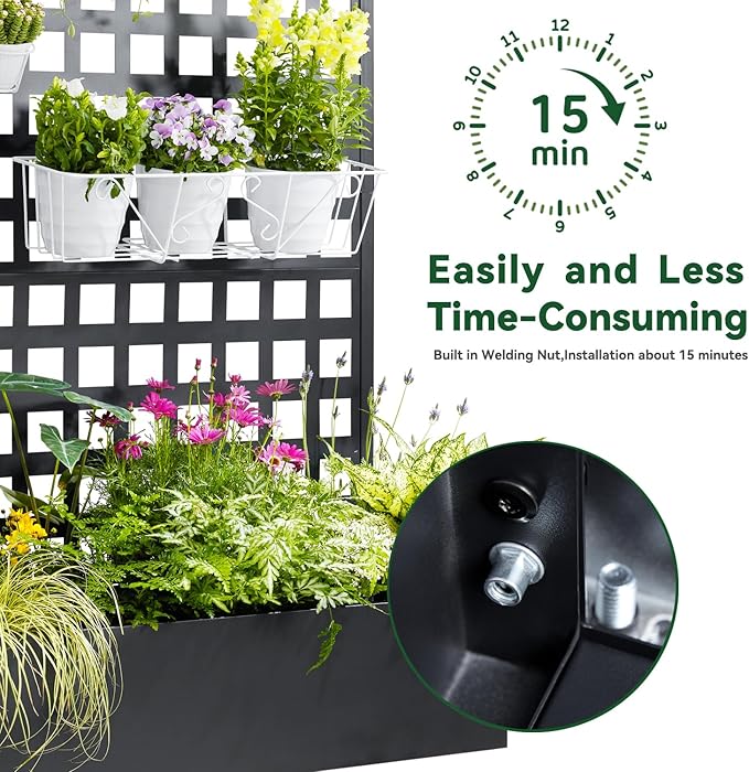 Metal Planter Box with Trellis 71x47x16 Raised Garden Bed Outdoor with Privacy Screen &amp Lattice Trellis &amp Lockable Casters Vertical Garden Box with Drainage Hole for Climbing Plants Vege