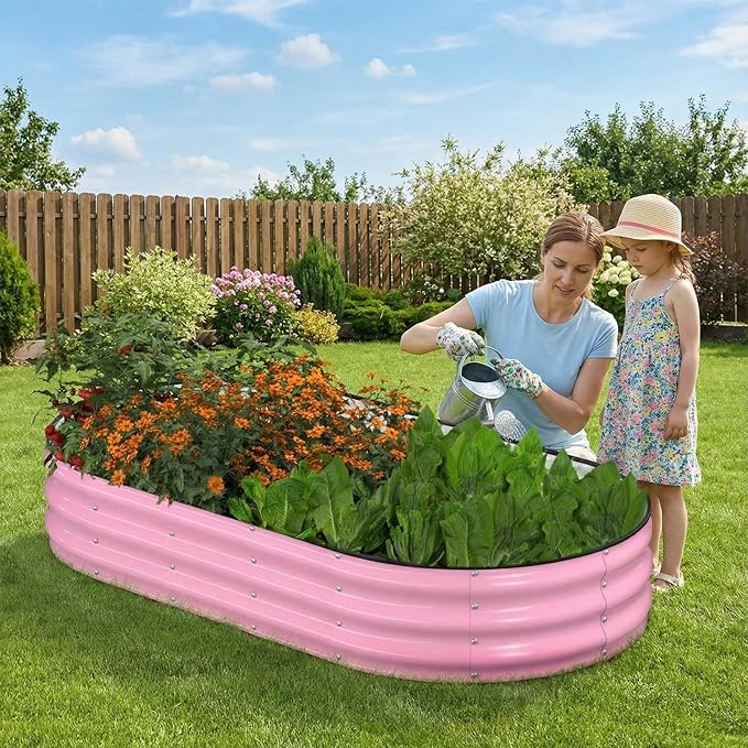 Raised Garden Bed 6x3x1ft Galvanized Outdoor Planter Beds with Safety Edging and Gloves Oval Metal Planter Box for Gardening Vegetables Flowers Herb-Blossom Pink