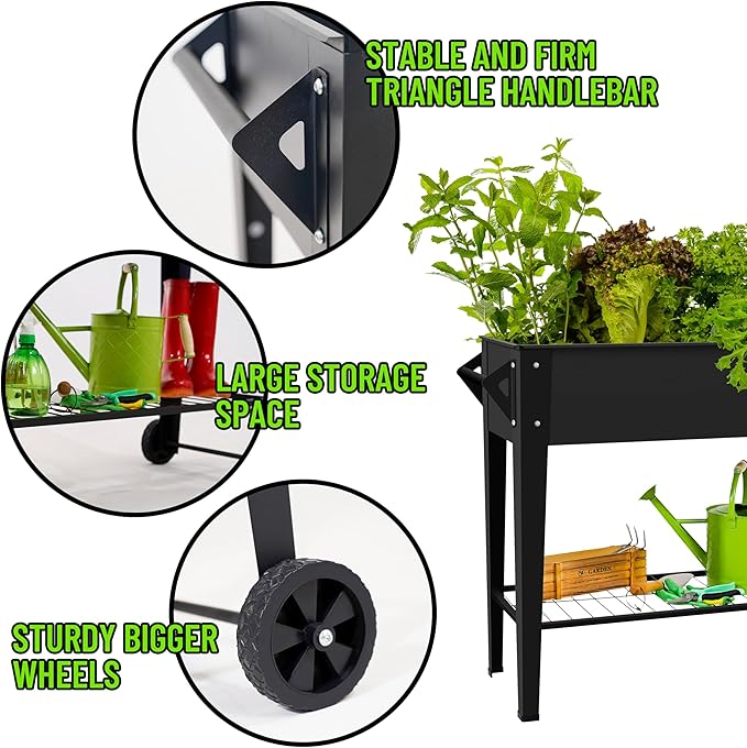 Elevate 32 Tall Raised Garden Bed Outdoor with Wheels &amp Shelf for Mobility 400LBS Capacity Anti-Rust Steel Planter Box for Vegetables/Herbs Patio-Balcony-Backyard