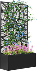 Outsunny Metal Raised Garden Bed with Trellis for Climbing Plants Freestanding or Wall Mounted Flower Bed with Privacy Panel Small Leaves Cut-Outs Outdoor Planter Box for Garden Patio Balcony