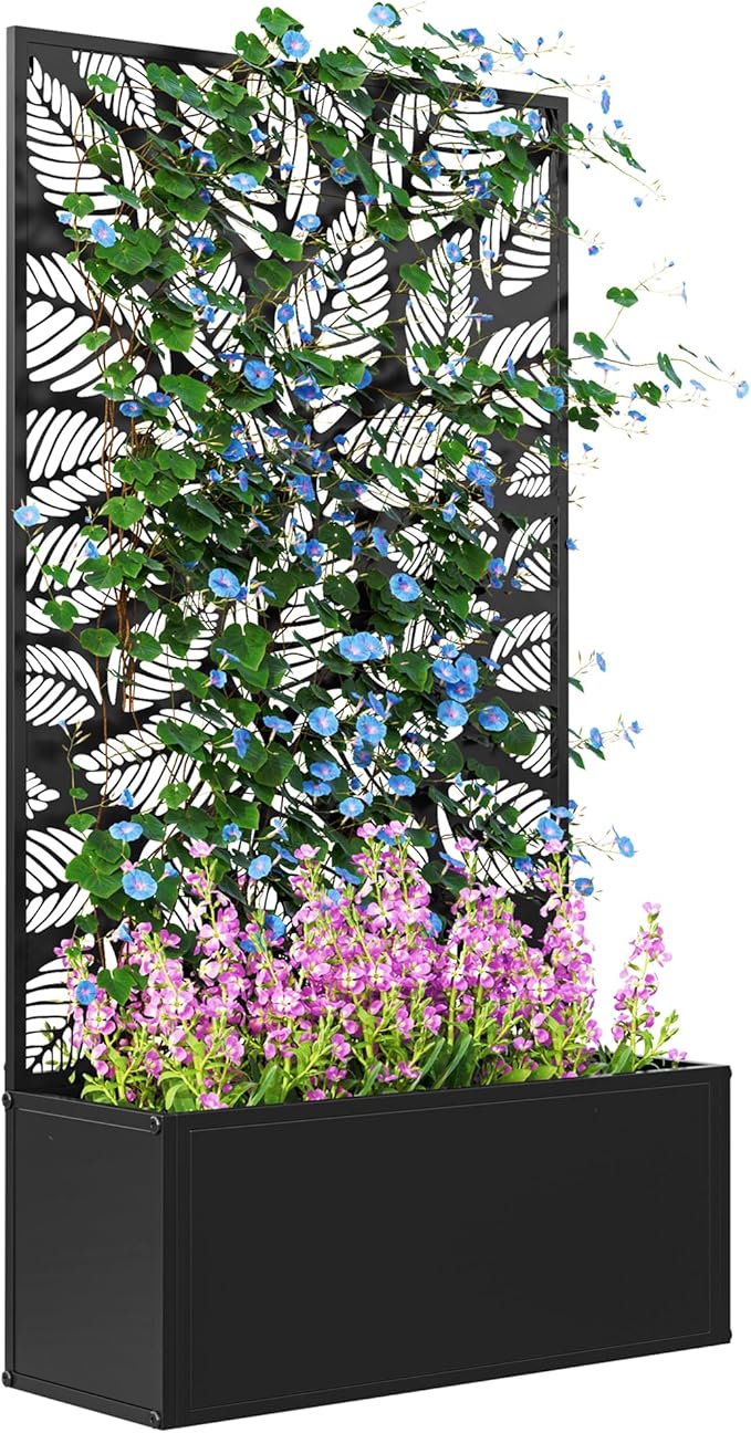 Outsunny Metal Raised Garden Bed with Trellis for Climbing Plants Freestanding or Wall Mounted Flower Bed with Privacy Panel Small Leaves Cut-Outs Outdoor Planter Box for Garden Patio Balcony