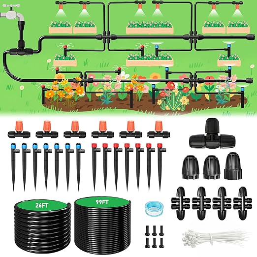 125FT Drip Irrigation System Automatic Drip Irrigation Kit with 5/16 Main Tube &amp 1/4 Branch Tubing Adjustable Drip Emitters Garden Watering System for Flower Bed Raised Beds Lawn Greenhous