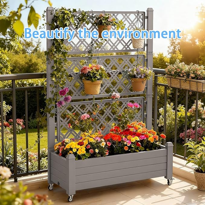 Mobile Garden Planter with Trellis &amp Lockable Wheels Outdoor Raised Bed with Drainage &amp Water Gauge Weather-Resistant Resin for Patio Balcony Yard Dust-Resistant (Grey 43.43*18.27*64.29)