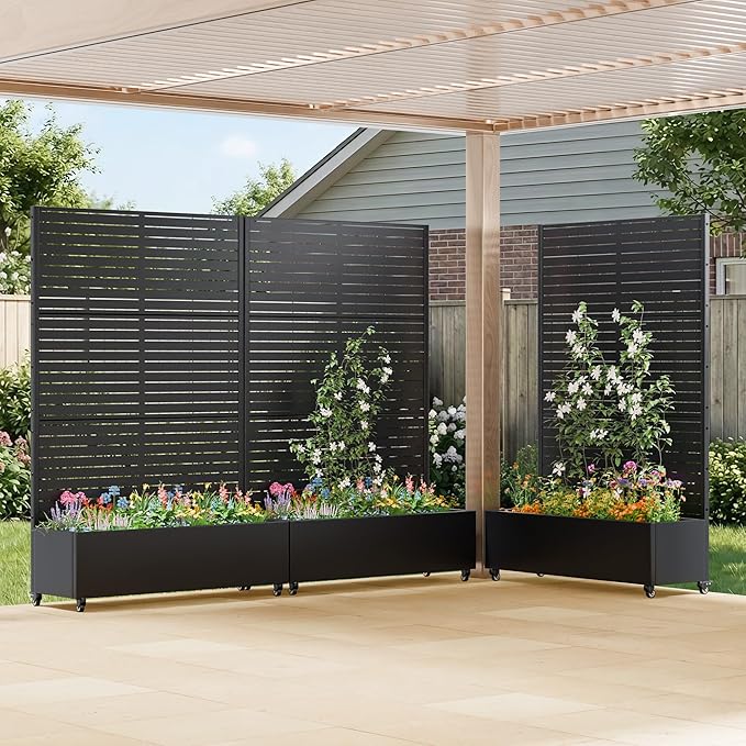 Casaphoria Metal Raised Garden Bed with Trellis and Wheels 72x47x16 Planter Box for Climbing Plants Vegetables &amp Vines Features Drainage Holes and Privacy Screen (Black-Louver)