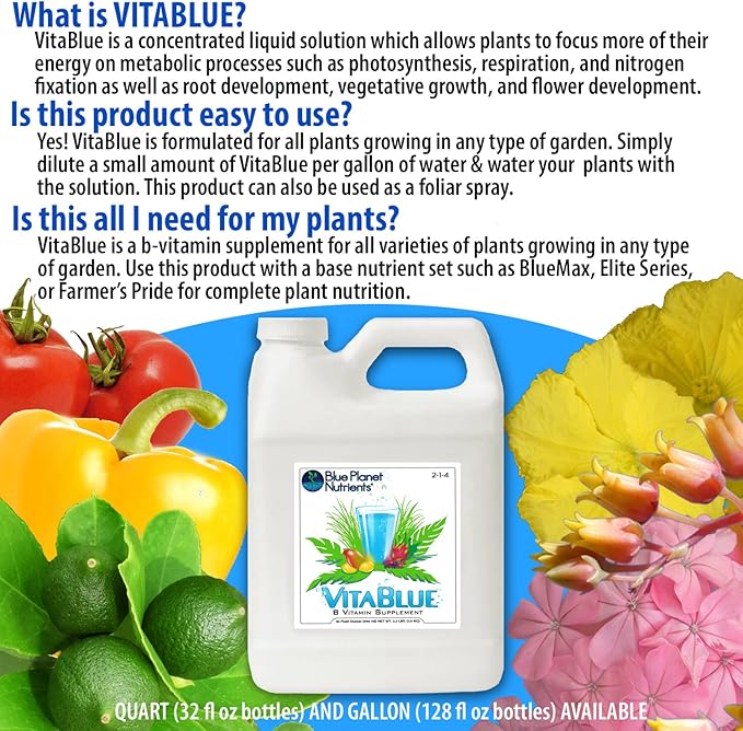 VitaBlue Complete B-Vitamin Supplement for Plants (128 oz) Gallon | Concentrated All Purpose Formula | for All Plants &amp Gardens | Blue Planet Nutrients
