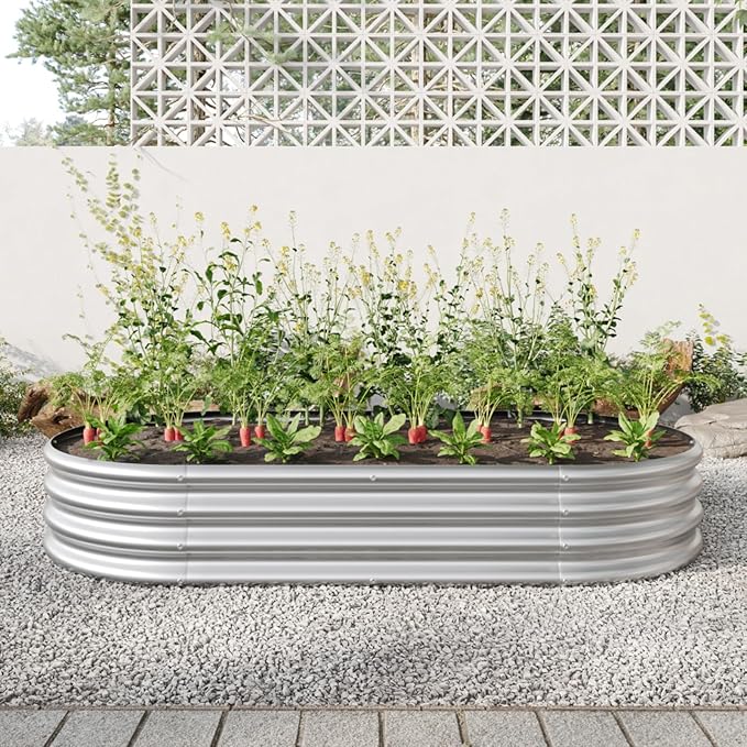 Outdoor Raised Garden Bed for Plants Vegetables and Flowers Oval Large Metal Raised Bed Kit Durable Galvanized Planter Boxes for Garden Backyard Easy Assembly (Silver 70.86x35.43x 11.42 in)