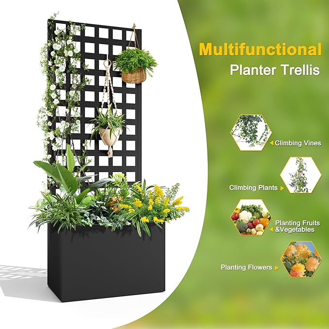 FENCY Metal Planter Box with Trellis Planter Trellis for Climbing Plants Vegetable Vines Trellis with Planter Box &amp Privacy Screen Raised Garden Bed with Drainage Holes (23.6 L x 63 H/Lattice