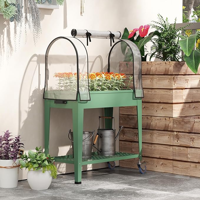 Outsunny Raised Garden Bed with Greenhouse Cover Large Metal Outdoor Elevated Planter Box with Lockable Wheels Storage Shelf and Drainage Hole for Vegetables Flowers Herbs Green