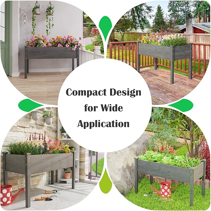Raised Garden Bed 48” x 22” x 30” Elevated Planter Box w/Legs &amp Drainage Hole Wooden Planter Raised Bed for Vegetables Flowers Herbs Perfect for Outdoor Gardening Backyard Lawn Grey
