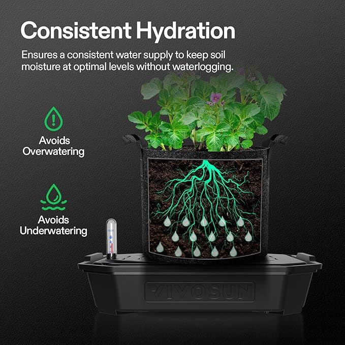 VIVOSUN 4-Pack FlexFeed Self-Watering Pots with Grow Bags Auto Irrigation Fabric Pot Base with Water Meter &amp Maintenance Window for Use Indoors/Outdoors in Grow Tents Greenhouses Gardens